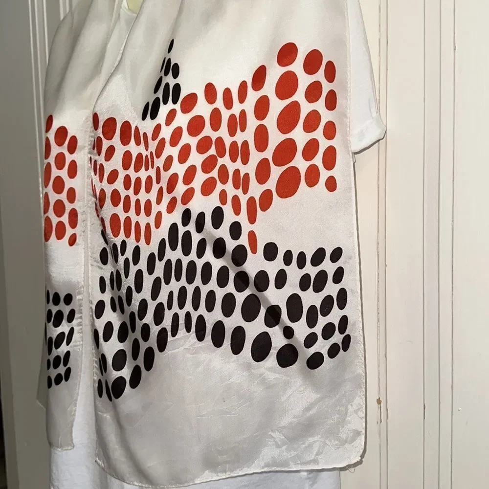 Vintage orange & black spotted mid century white polyester long‎ scarf